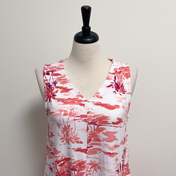 Cuddl Duds White Coral Beach Scape V Neck Sleeveless Midi Dress Large Palm Trees - Picture 3 of 11